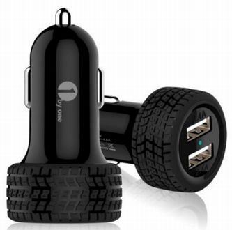 1byone　日本初・タイヤ型デザイン USB カーチャージャー超小型大容量4.8A 24W 2ポート【DC12-18V】シガーソケッ充電器　「iPhone/iPad/タブレット/スマホに対応」2台同時充電
