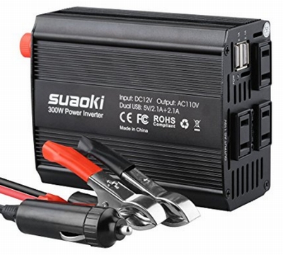 suaoki インバーター　12V車用　定格300W　最大600W　シガーソケット充電器　カーチャージャー　DC12VをAC100Vに変換　50Hz/60Hz切替可　ACコンセント3口　USB 2ポート　パソコン　スマホ　防災用品　一年保証