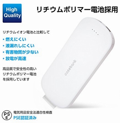 casebank POWER BANK 10000 モバイルバッテリー iPhone / iPad / Android対応 リチウムポリマー USB2ポート 大容量 10000mAh 軽量 薄型 充電器 ホワイト 100PB16-149WH