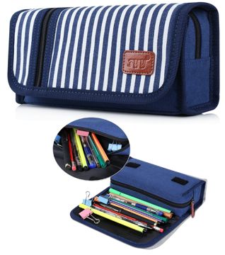 ペンケース,Fyy® 100％手作り 大容量 キャンバス ストライプ Pencil Case ペンポーチ ボックス 筆箱 筆入れ 文房具 軽量 小学生 中学生 高校生 にぴったり 仕事用 としても使える 男女兼用 ネイビー