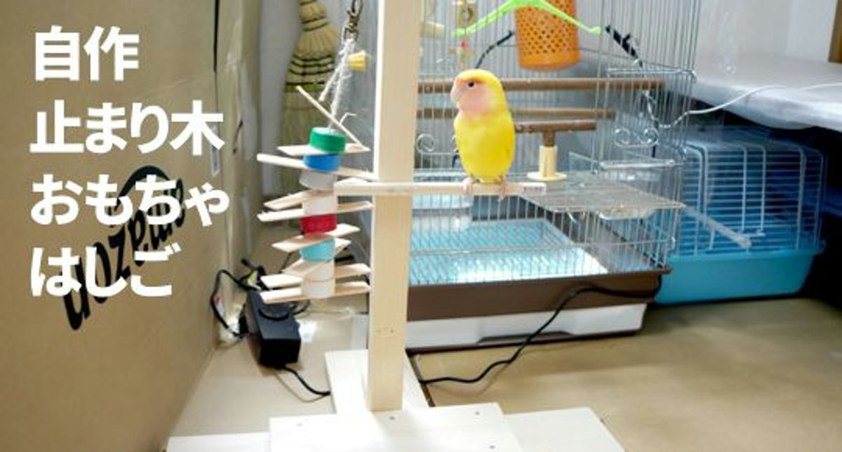 コザクラインコ放鳥時の止まり木とはしごとおもちゃ作り方画像15枚