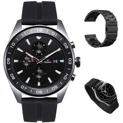 LG Watch W7 ステンレススチール クラシックデザイン スマートウォッチ 着用OS + メタルリストバンド (ブラック) + ラウンド強化ガラススクリーンプロテクターフィルム