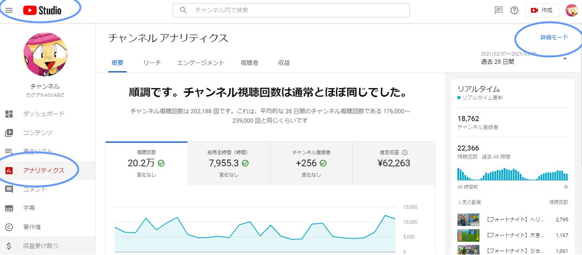 YouTubeアナリティクスの詳細モード