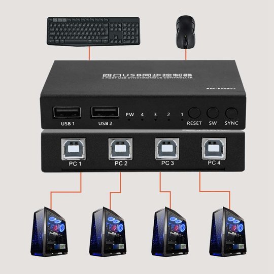  ASHATA USBキーボードマウスシンクロナイザコントローラ 4ポートスプリッタ、KVMスイッチャスプリッタ 複数PC用ゲームコントロール MAC対応、Windows対応、Linuxおよびその他のシステム